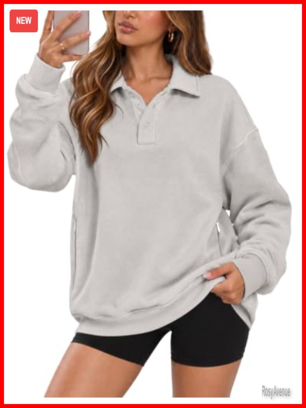Oversized Collared Henley Sweatshirt Fleece Pullover Zip Pockets
